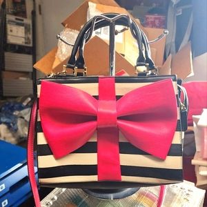 Betsey Johnson Tote w/Pink Bow/Black and White Stripes